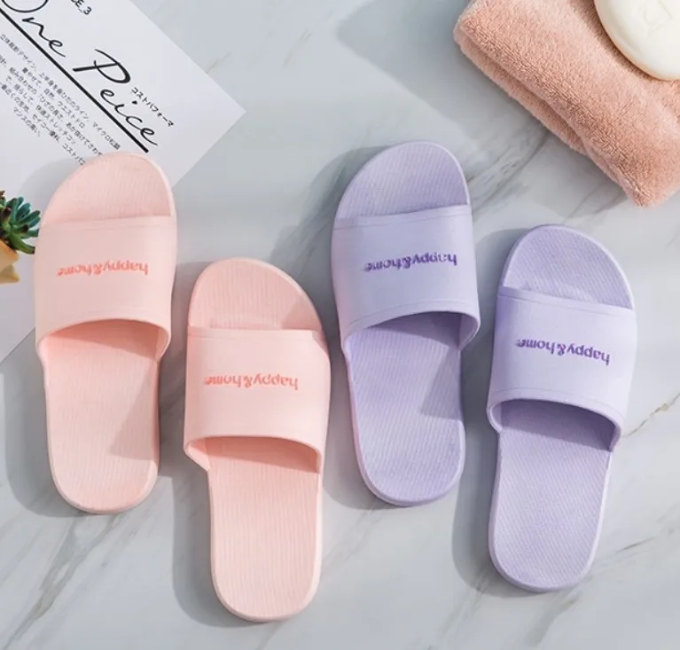 

Indoor bath slippers plastic thick soft bottom Happy Home Creative PVC men's and women's bathroom summer home slipper, As picture