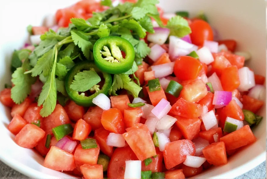 Colorful salad bowl containing diced tomatoes, onions, cilantro, and sliced jalapeños representing a fresh pico de gallo preparation