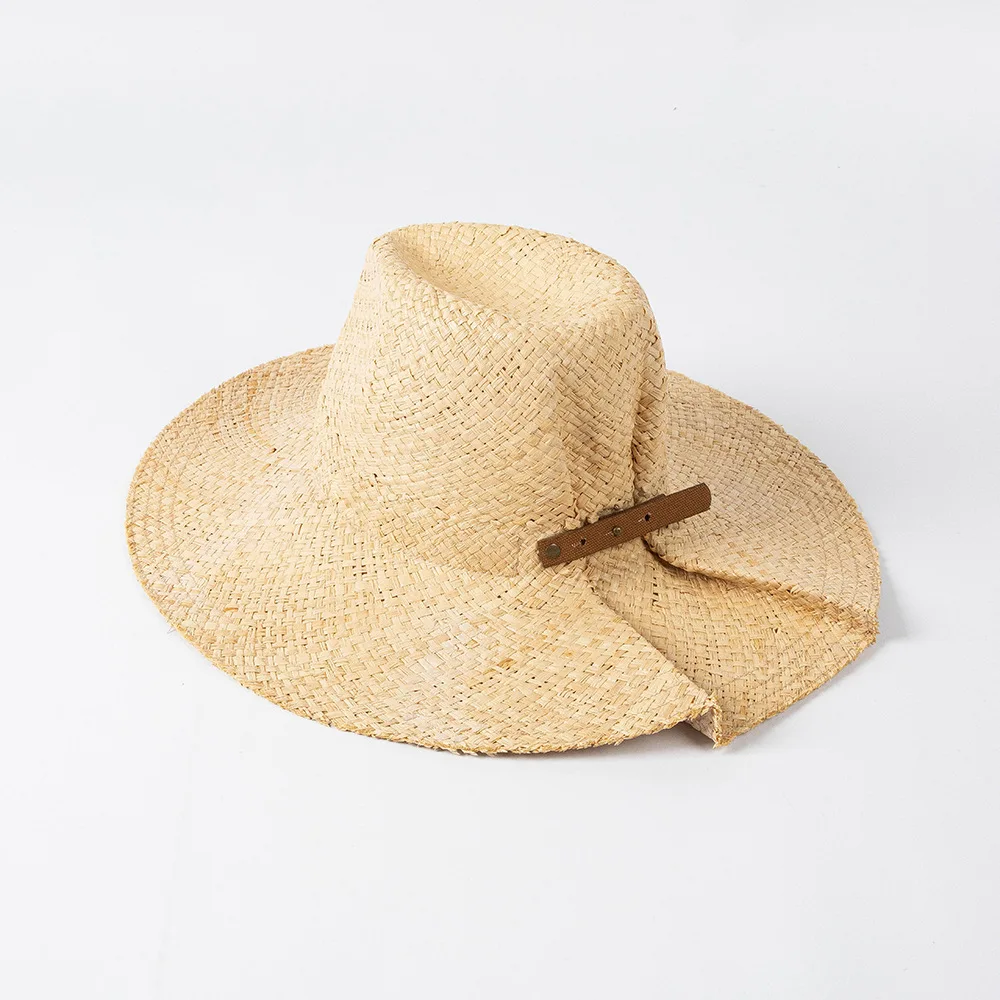 2023 New Summer fashion hand woven straw double layer raffia dovetail pleated belt buckle jazz hat beach straw hats visor