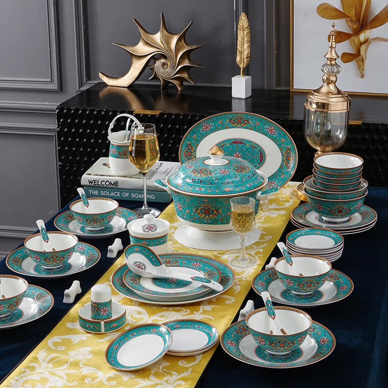 

60PCS Household Jingdezhen Highend Hand Painted Gold Porcelain Bowl Dish Bone China Ceramic Dinner Tableware Set, As picture