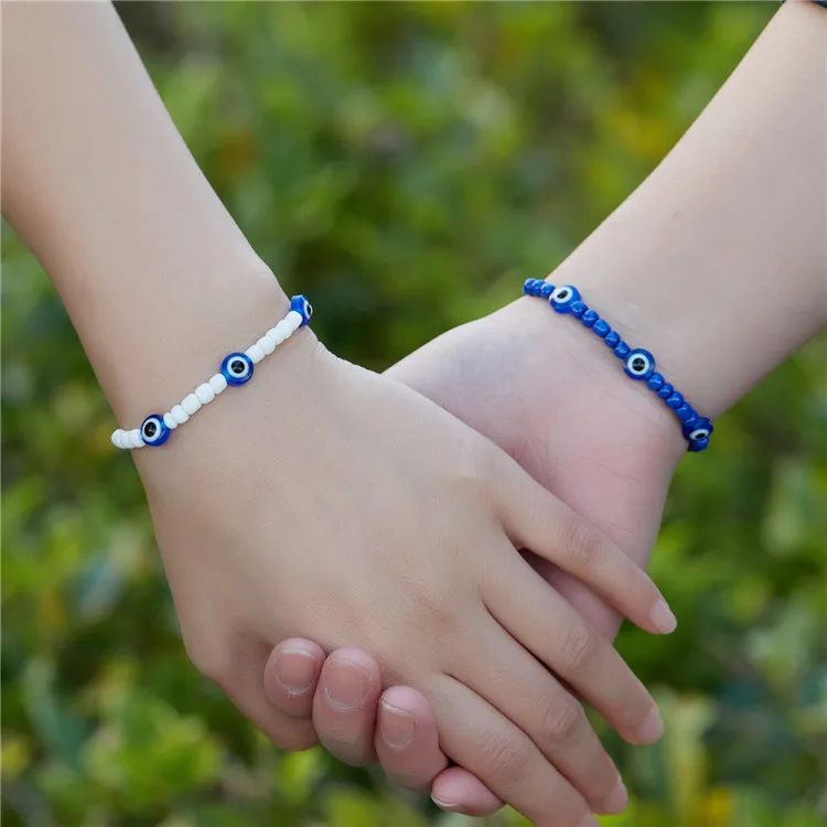 

Handmade 2pcs Colorful Crystal Resin Bead Rope Chain Couple Bracelets for Women Jewelry Turkish Evil Blue Eye Bracelet