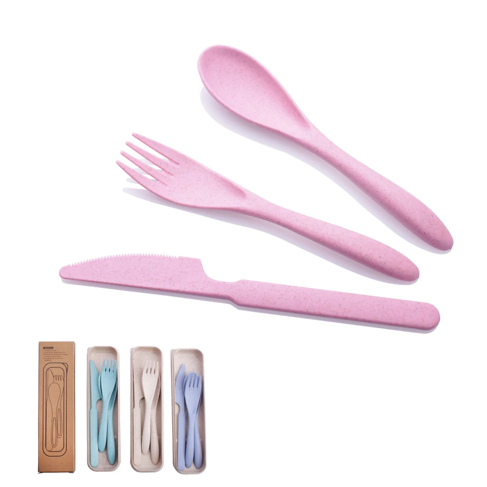 

Eco-friendly wheat straw spoon fork knife set travel camping plastic cutlery set