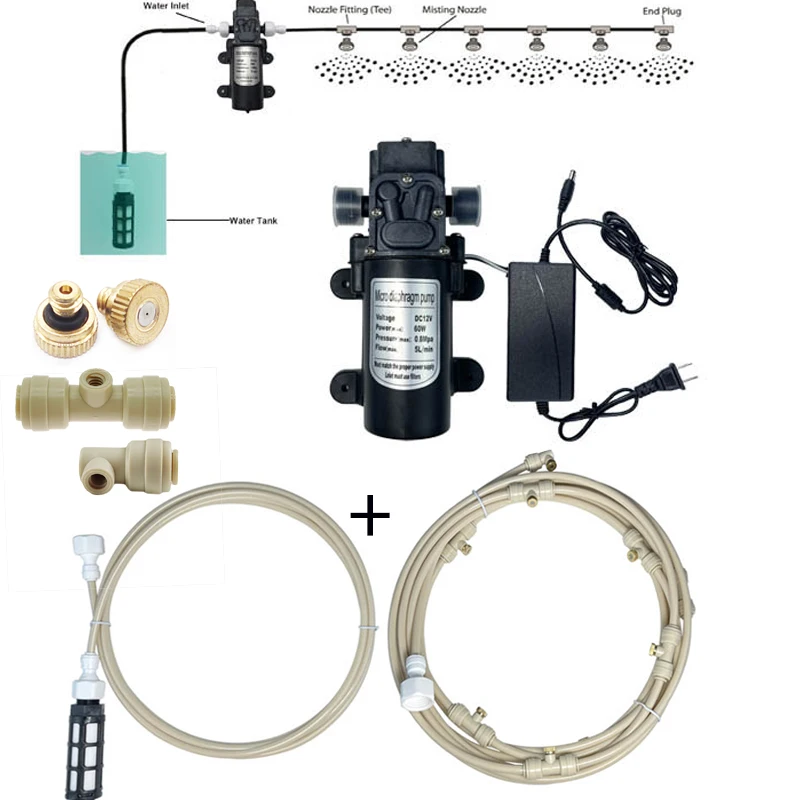

12V DC Misting System Booster Diaphragm Water Pump Sprayer 6M-18M Fog Nozzles Mist Cooling Beige Color Watering Kits