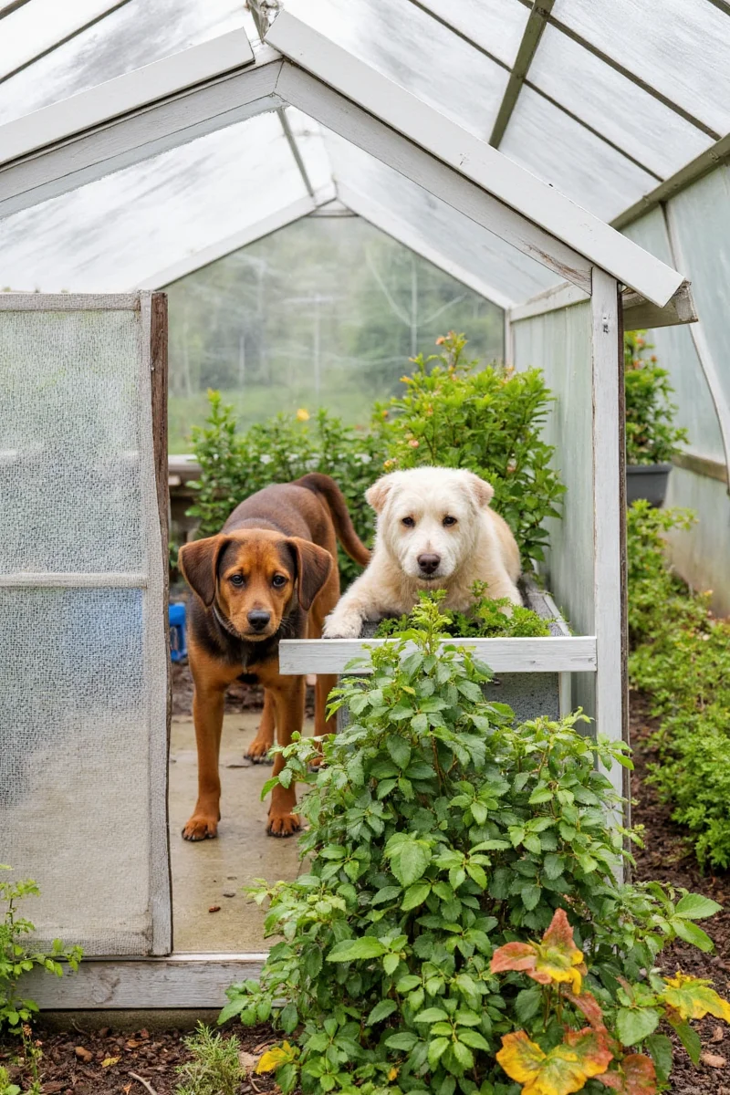 Happy cat lounging next to thriving plants inside a modern screened greenhouse