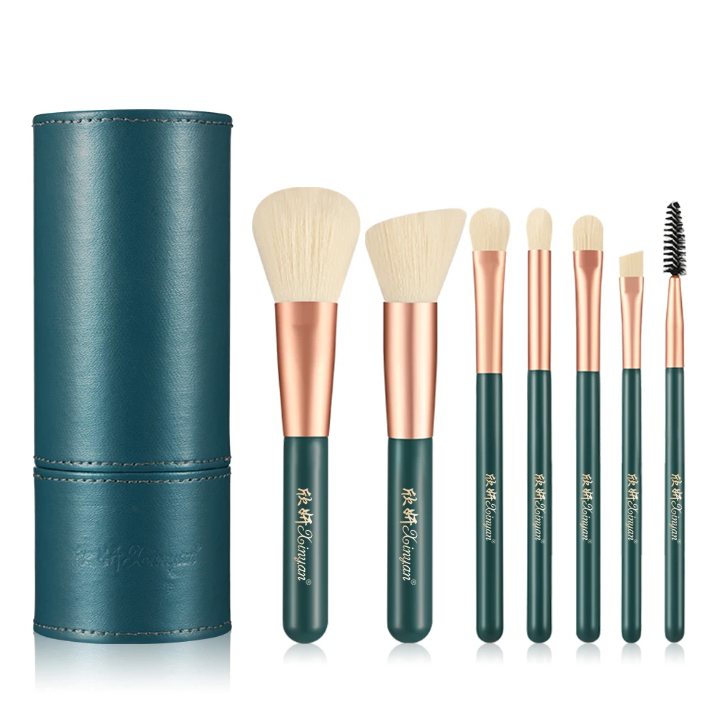 

HZM 7pcs green make up brushes with Cylinder PU holder super soft synthetic makeup brush set kit for lady daily makeup use