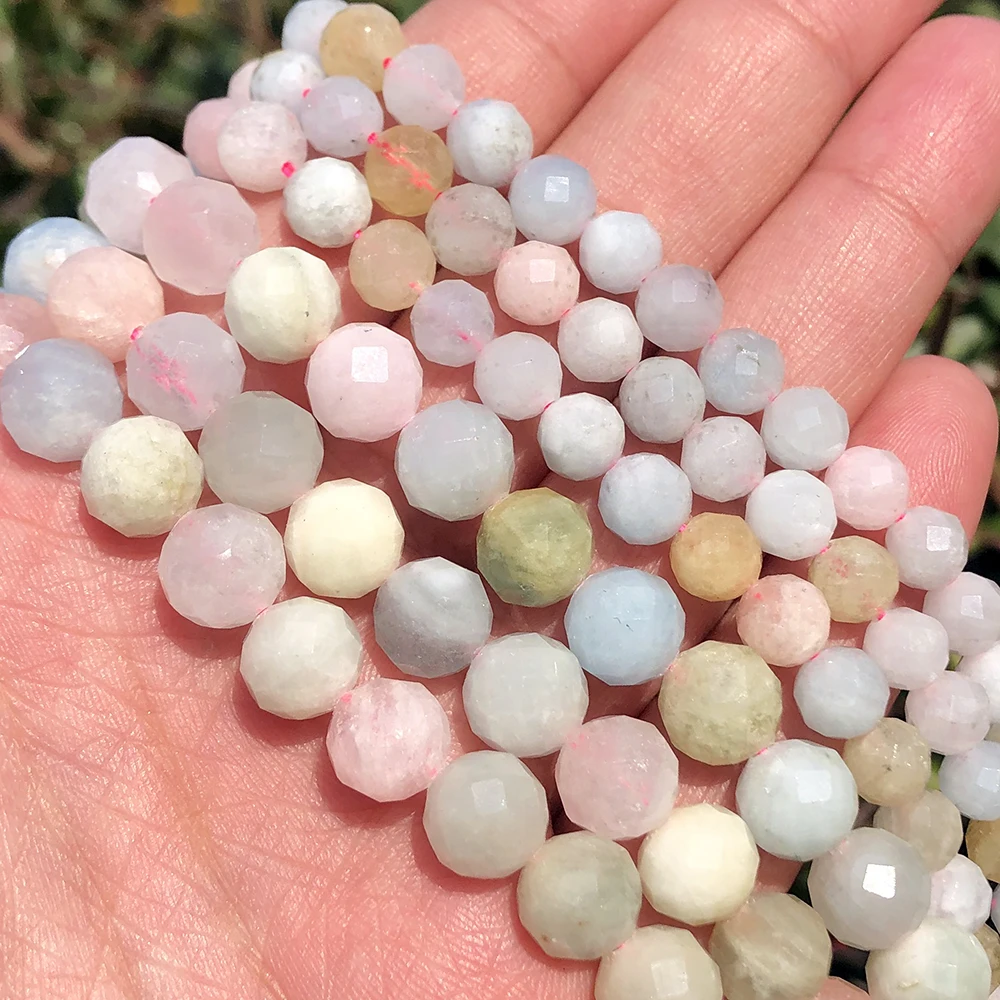 

6/8mm Natural Faceted Colorful Morganite Stone Round Loose Beads for Jewelry Making Diy Bracelet 7.5''