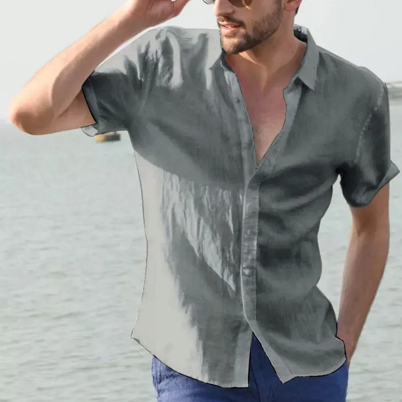 

summer men linen shirt solid color short sleeve casual classic stand collar breathable clothing