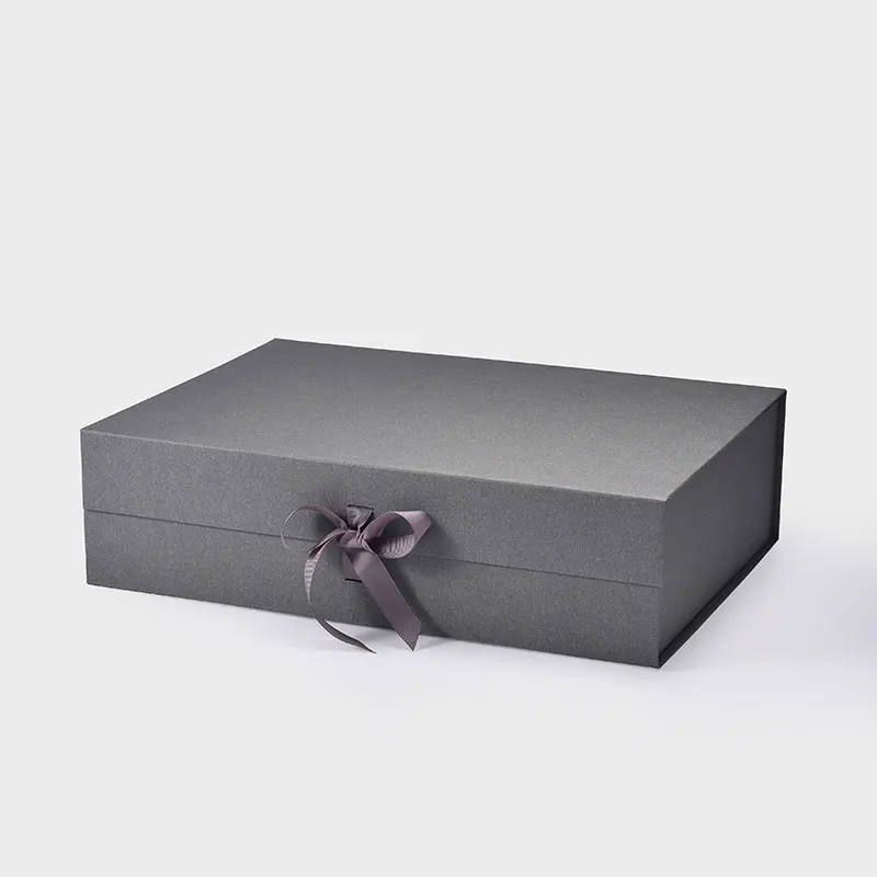 

Low MOQ custom logo printing available grey magnetic gift box with ribbon