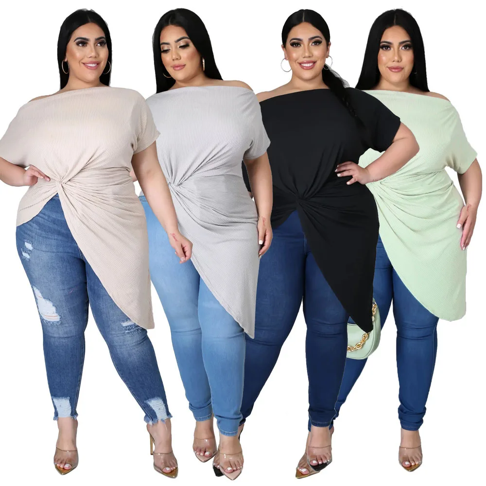 

2021 Summer Fashion Off the Shoulder Fat Womens Sexy Short Sleeve Tops Plain Color Irregular Hem Plus Size Tops and Blouses