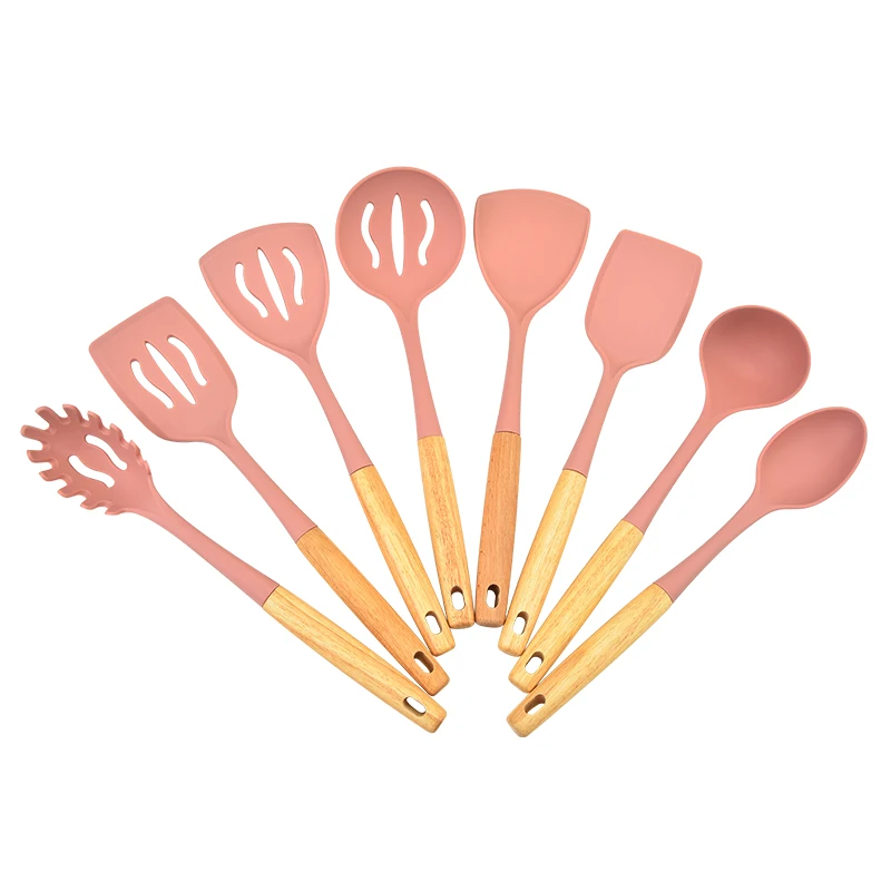 

8 piece of silicone kitchen utensil cooking tools set in wooden handle, Colorfull mutiple choices