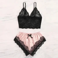 

Lingerie Sexy Bra Set Women's Sleepwear Sleeveless Strap Lace Trim Satin Cami Tops Pajama Sets Bras Women Brief Sets