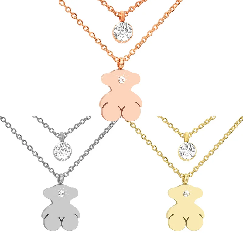 

Fashion Gold Jewelry Stainless Steel Double Chain Necklace Zircon Pendant Bear touse teddy Shape Necklace