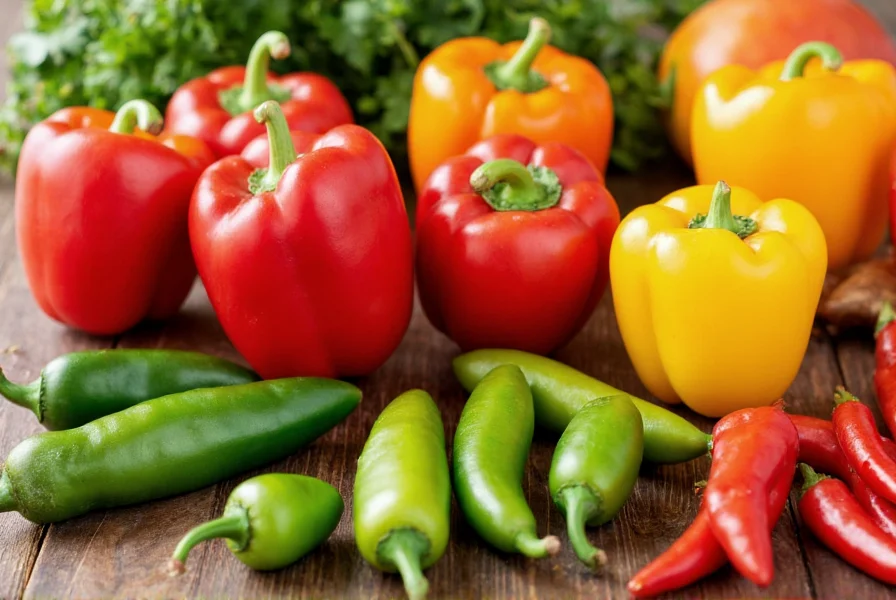 Assortment of peppers including bell peppers, jalapeños, and chili peppers on wooden table