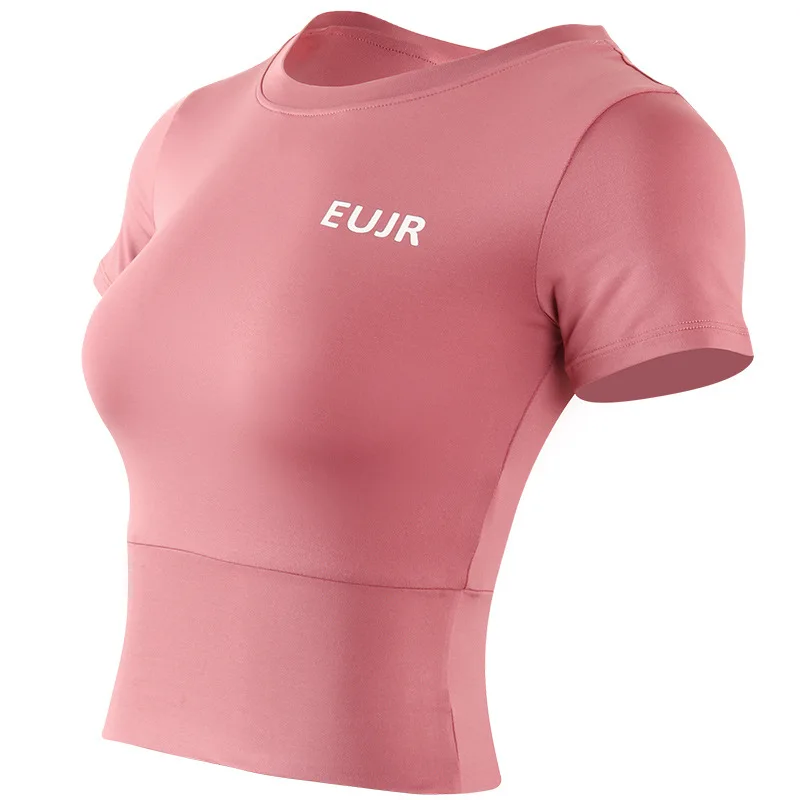 

OUREA Athletic top female quick dry short sleeve T - shirt crop midriff tight sexy yoga suit running abdomen fitness suit, Custom made