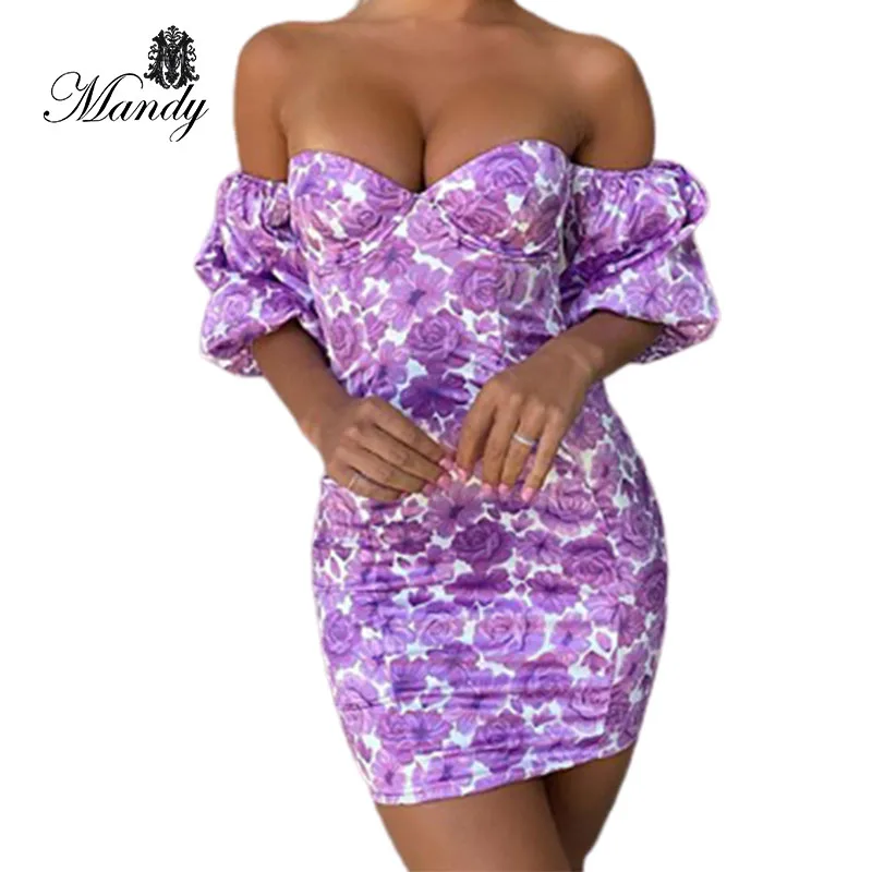 

New arrival hot sale trending print strapless backless puff sleeve sheath dress