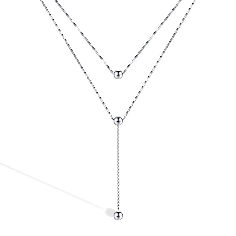 

Chain Y-shaped Necklace with Three Beads Tassel Pendant Minimalist Layering Jewelry for Women Girls, Silver