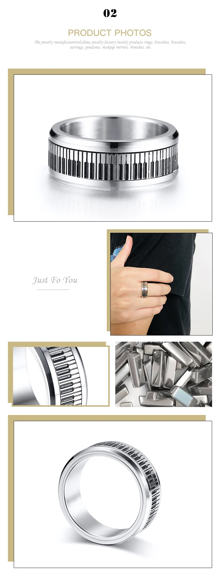 Factory direct Artistic temperament stainless steel black and white key piano rotatable men's ring R-409