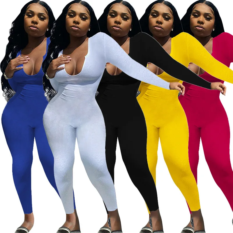 

2021 fall winter solid women bodsuit custom sport jumpsuits elegant long sleeve plain one piece jumpsuit bodycon jumpsuit