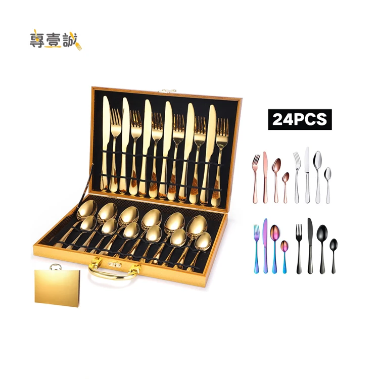 

Hot Sale Classic 24 Piece Gold Restaurant Stainless Steel 24pcs Cutlery Set with Box Packing, Silver,gold,rose gold,rainbow.black