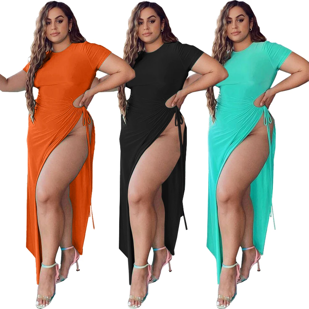 

Summer women's wear sexy solid color fashionable wholesale plus size high slit tie dress, 3 colors