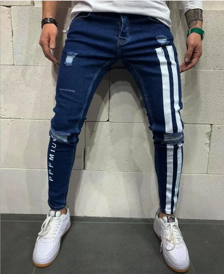 

Ripped Stretch Small Feet Jeans Printed Demin Side Stripe New Men Designer Jeans Pantalon, Navy, black, gray