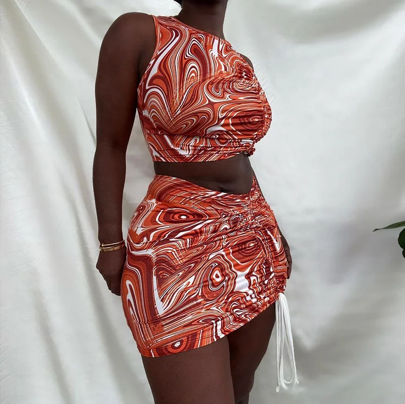 

YD - Q21 New arrival 2 piece dress set women floral printing o neck sleeveless crop top pleating set