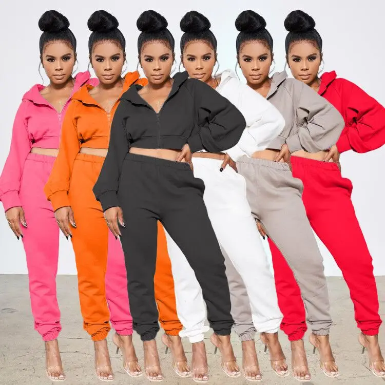 

High quality crop top zip hoodies women set custom logo women 2 piece summer jogger set wholesale sweatsuit set