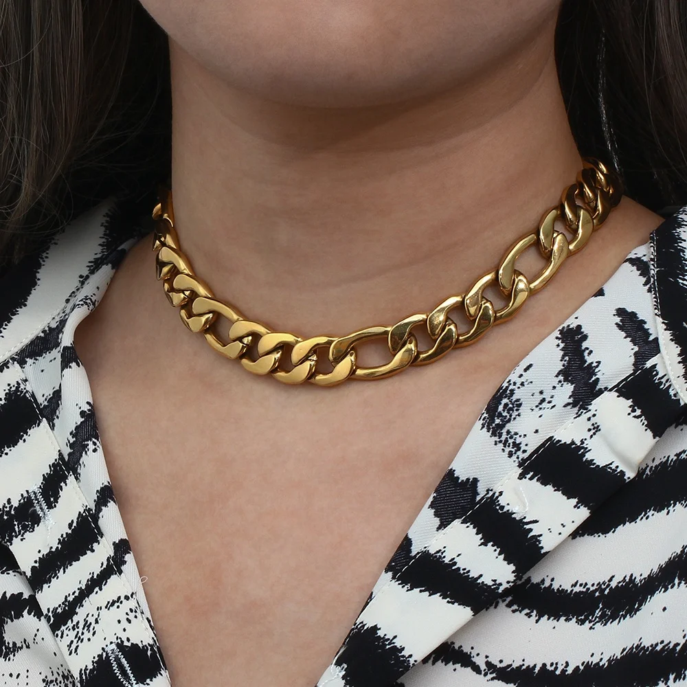 

Press Button Figaro Chain 14mm Super Chunky Chain Necklace 18k Gold Plated Stainless Steel Cuban Link Chain Necklace