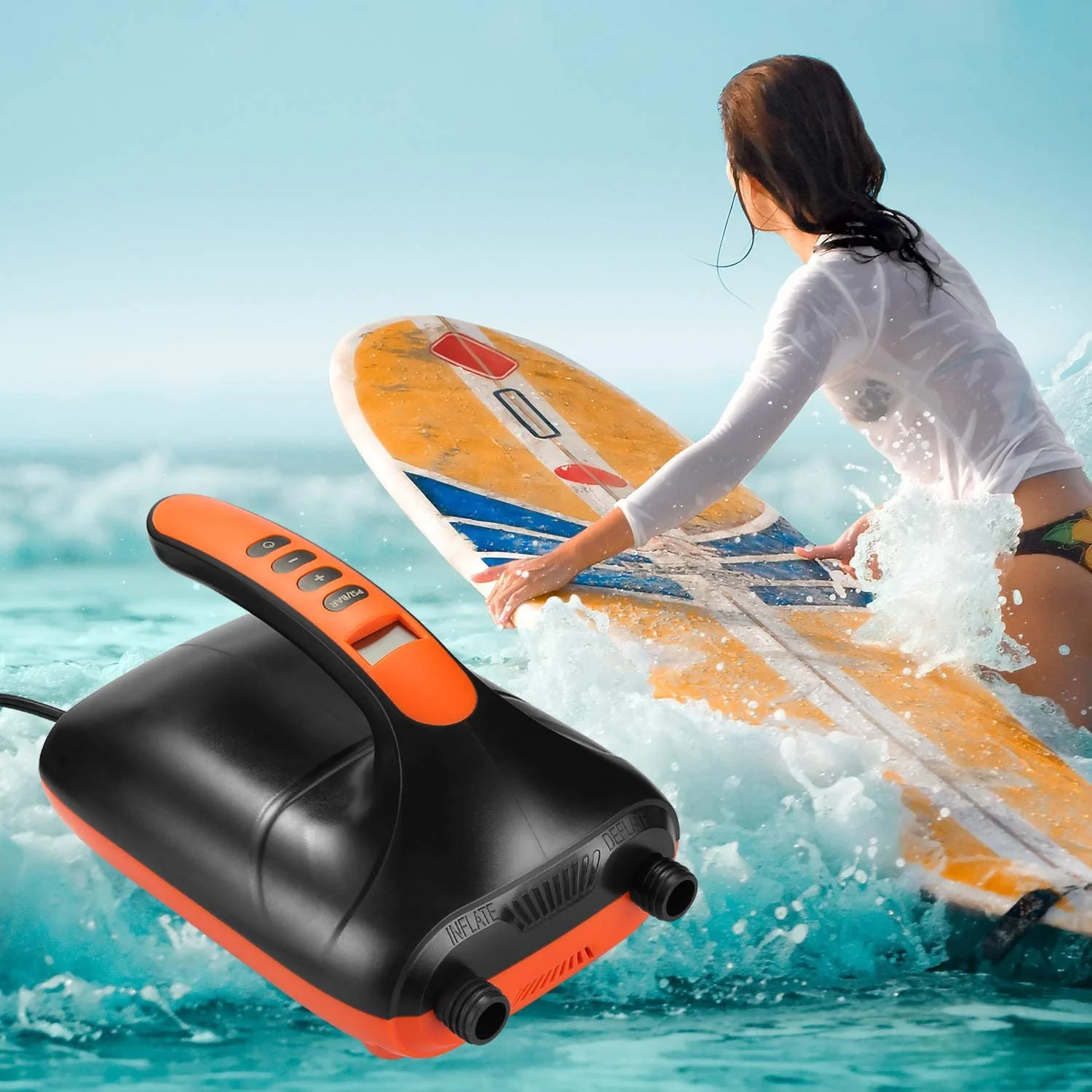 

Stermay Electric Air Pump High Pressure 16PSI Fast Inflation SUP Inflatable Product Paddle Board Pump, Orange+ black