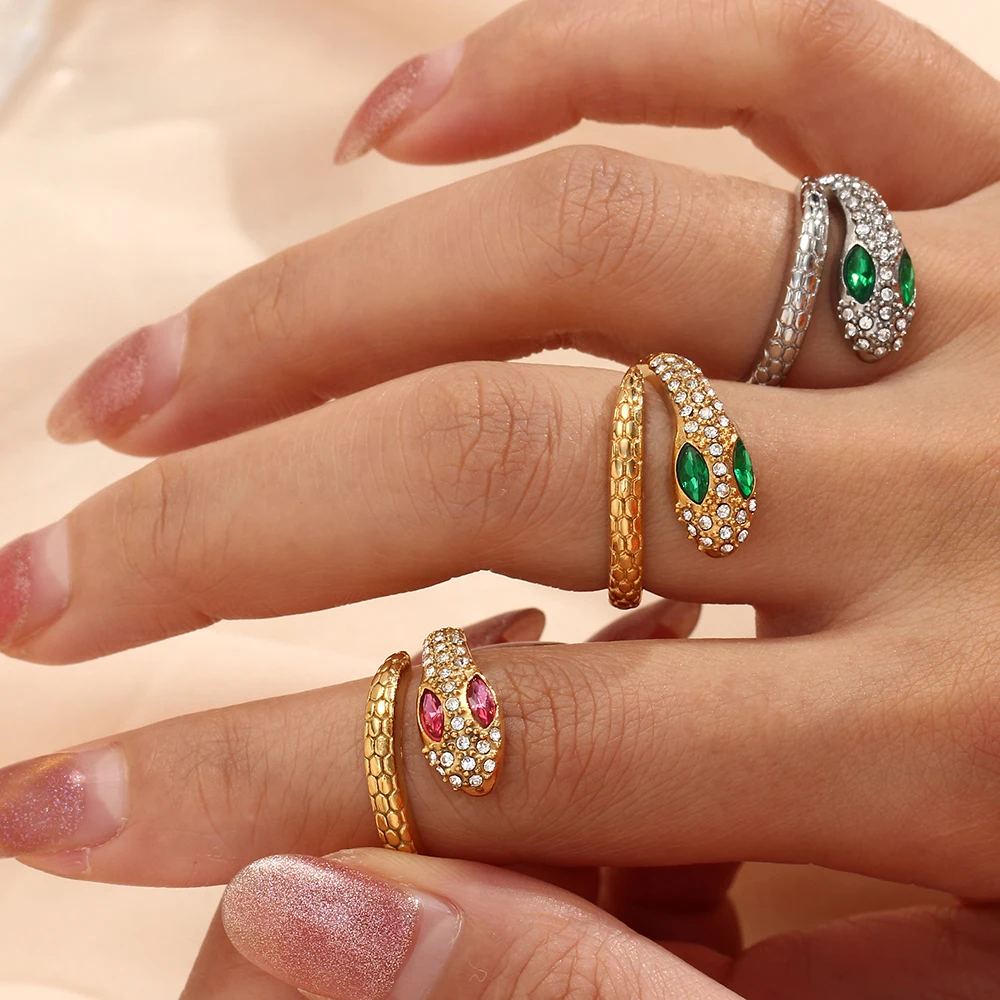 

18K Gold Plated Jewelry CZ Green Eyed Snake Ring Stainless Steel Colorful Cubic Zircon Adjustable Snake Shaped Rings Women