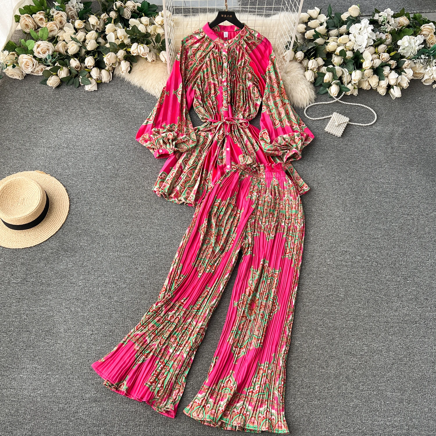 

Fashion Print Set Women's Mid-Length Lace-Up Waist Long Sleeve Shawl Dress + High Waist Wide Leg aPnts