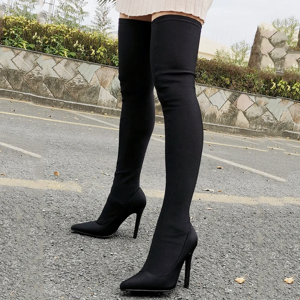 

2020 Autumn Fashion Skintight Solid Women Over Knee High Boots Slip-on Stiletto Lady Pointed Toe Thigh High Long Booty Wholesale, Black