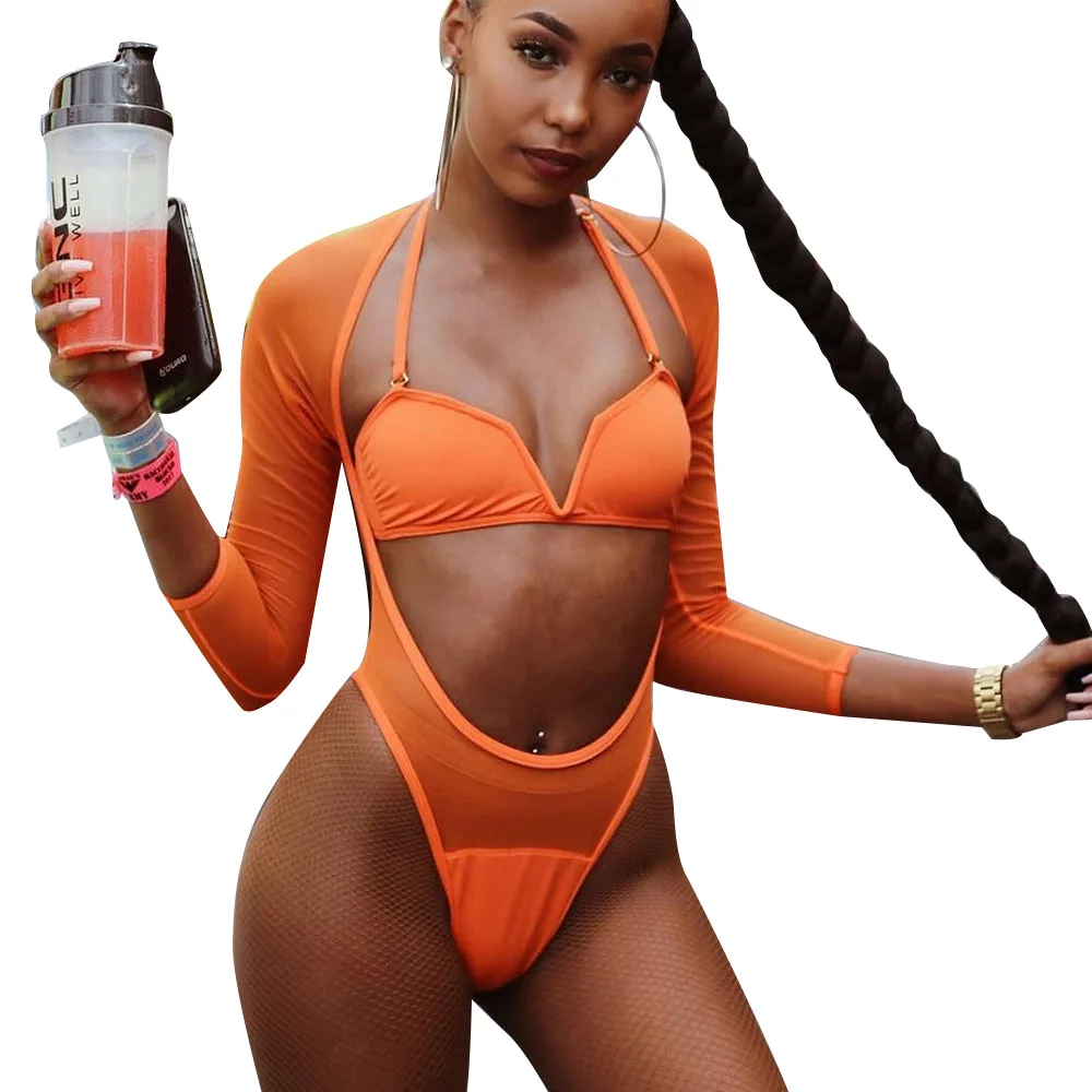 

Summer modest brazilian orange sexy 2 piece long sleeve mesh swimwear women