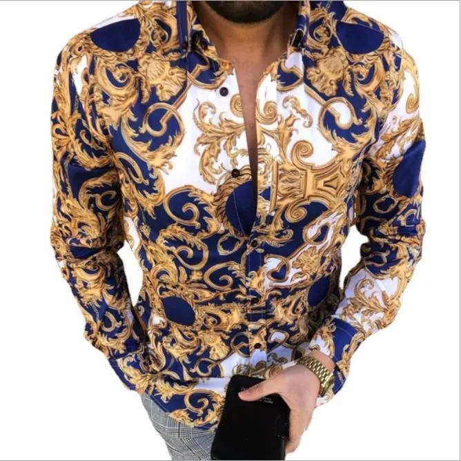 

SY10180 New fashion printed satin shirt men cardigan casual men clothing, White,blue
