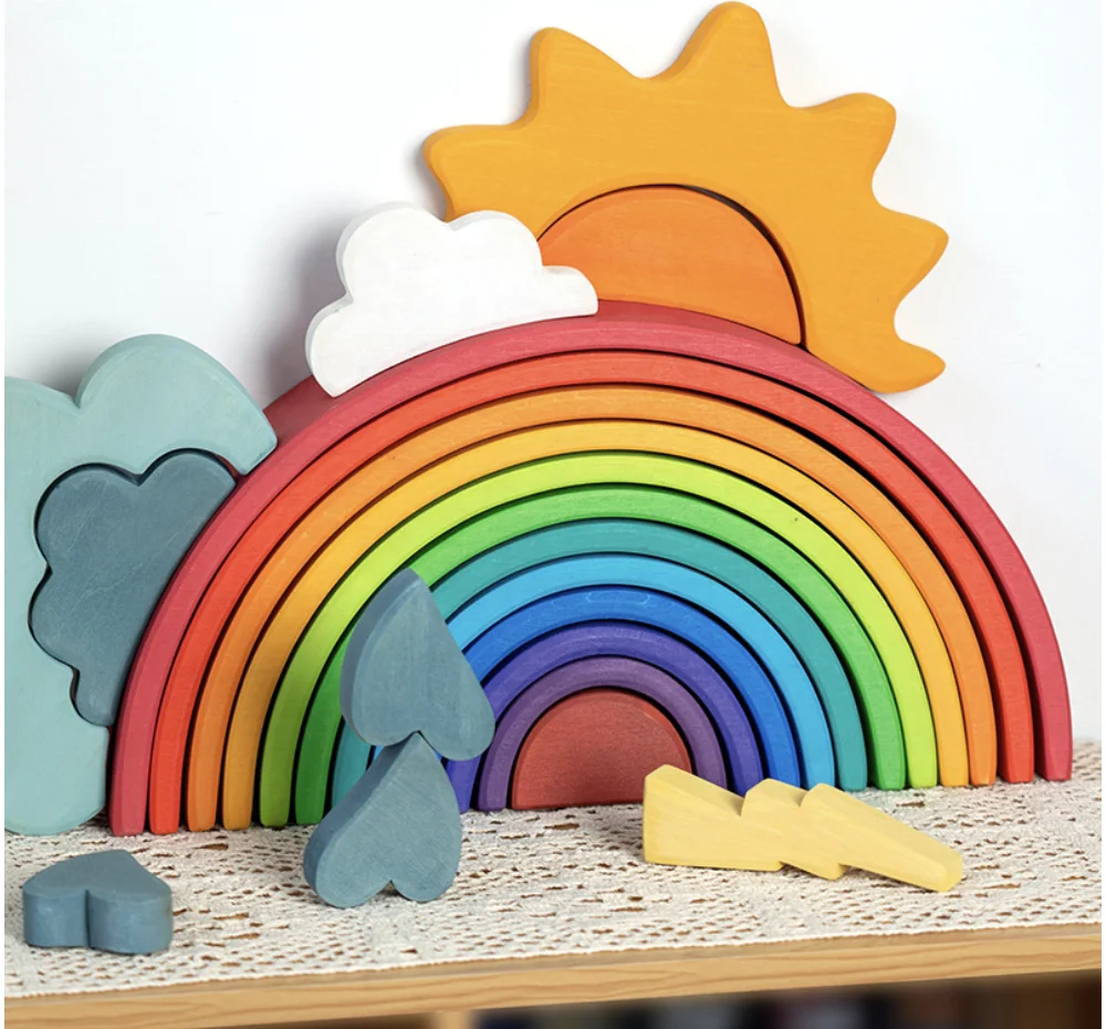 

Factory 12 pcs Wooden Rainbow Blocks Stacking Toy Large Rainbow Building Blocks Wooden Toys for kids Montessori Educational Toys