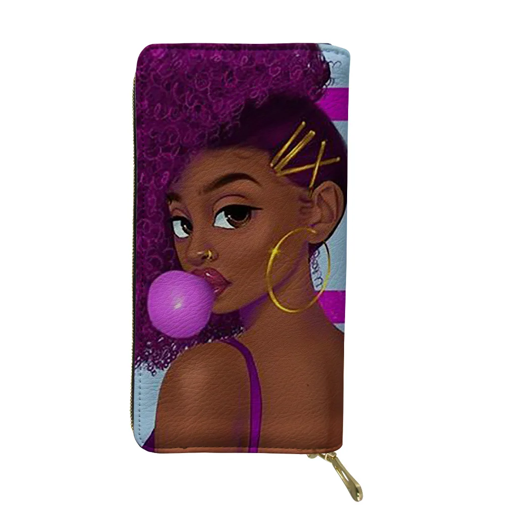 

2021 Long Clutch Black Art Afro Girls Printed Pu Leather Card Wallet Women Purses Customized Lady African Wallet
