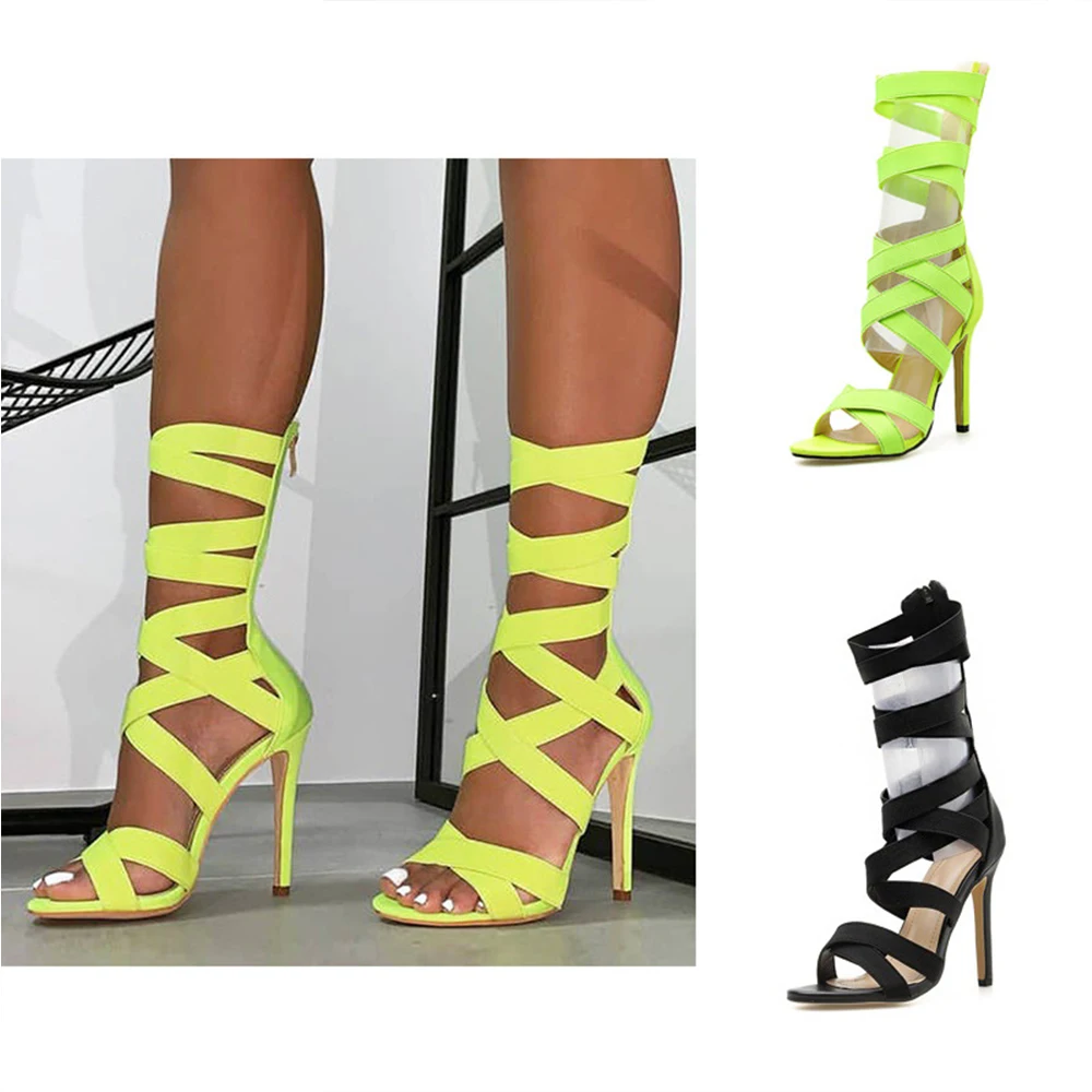 

2022 Roman hollow high heels sandals 11 cm elastic band women heels cross strap high heels