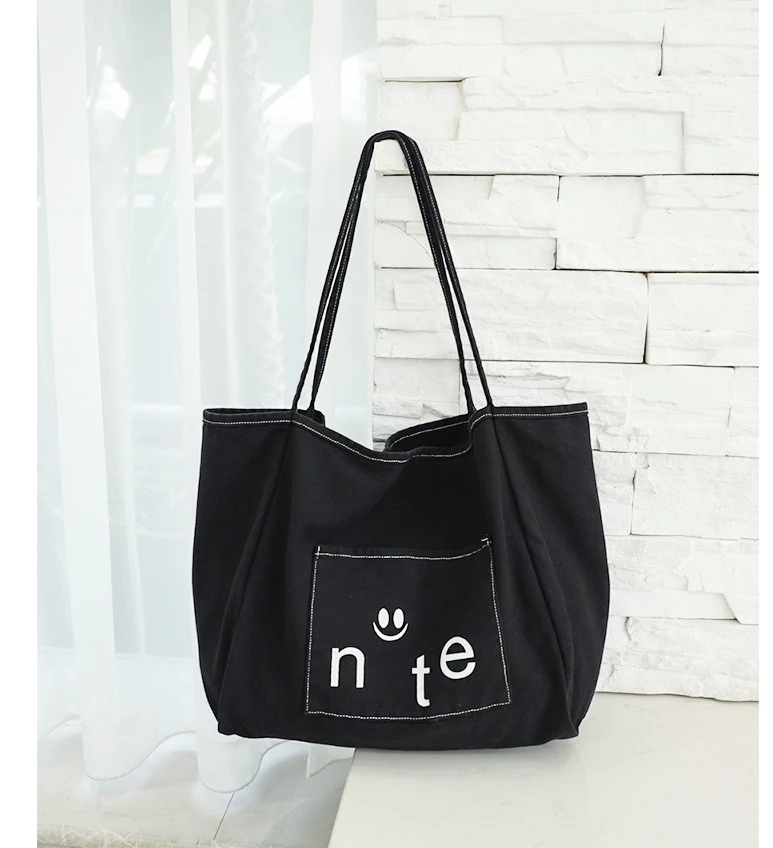 

Wholesale Korean version canvas fashion large capacity handbag casual letter printing single shoulder custom bag, Black