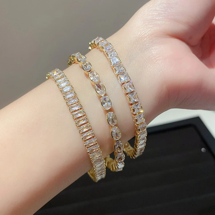 Luxury 18K Gold Plated Geometric Crystal Bracelet Personality Sparkling Cubic Zircon Tennis Chain Bangle Bracelet For Women