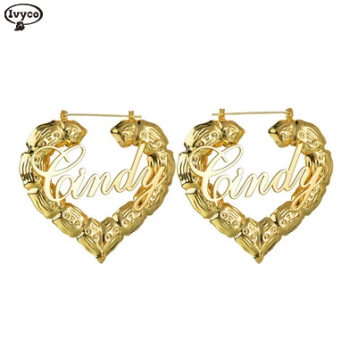 

Name bamboo earrings custom stainless steel new European and American sexy hip-hop shape round big ear ring, Gold /silver/ black