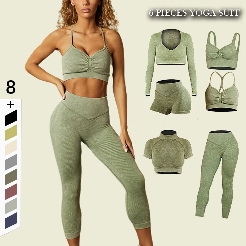 

New 2/3/6PCS Ribbed Seamless fitness & yoga wear Sand Washed Long Sleeve Crop Top Sportswear Leggings Gym Fitness Set