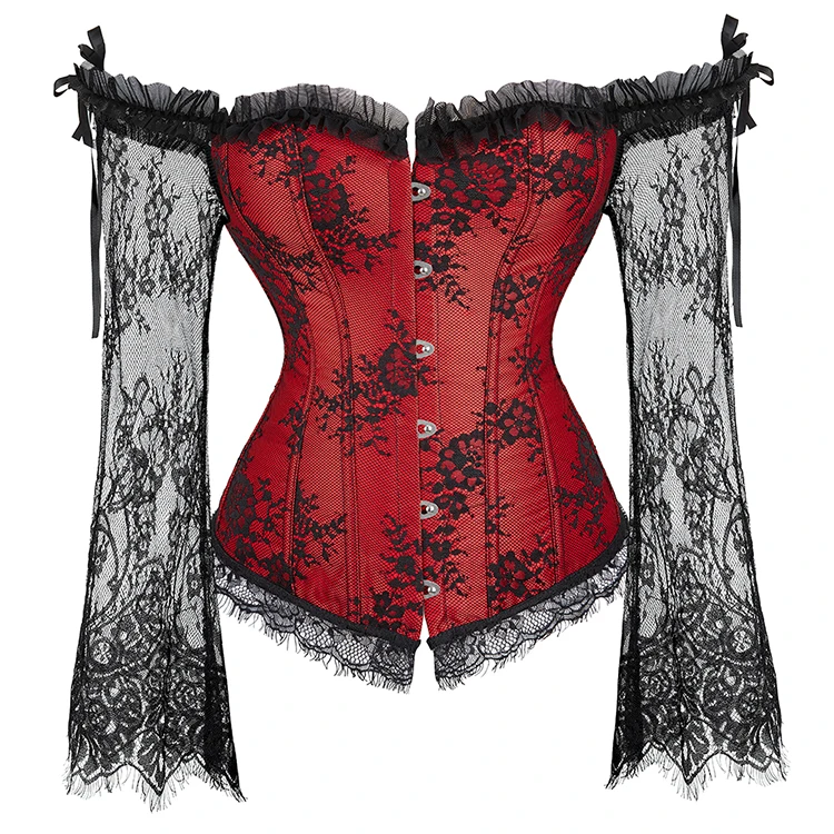 Women Long Sleeve Lace Overbust Corset Black Red Waist Bustiers Top Plus Size Korset Lingerie