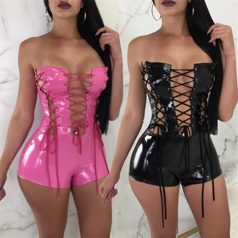 

2021 Amazon hot sale summer clothing 3colors cut out strappy wet look pu leather one piece bodycon outfit short romper jumpsuit