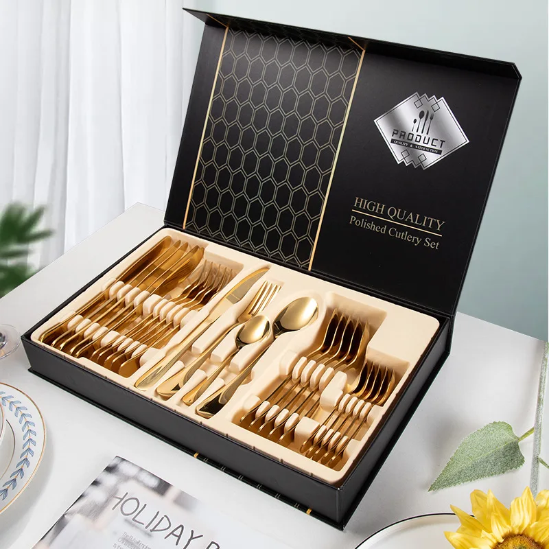 

Amazon Hot Selling 24 pcs Gift Set Gold Flatware Stainless Steel Cutlery Set with Box 24pcs Flatware Sets