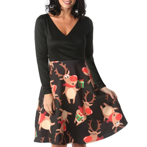 

Hot Sale Long Sleeve V Neck Cartoon Printing Winter Black Christmas Dress For Women, Orange,red,blue