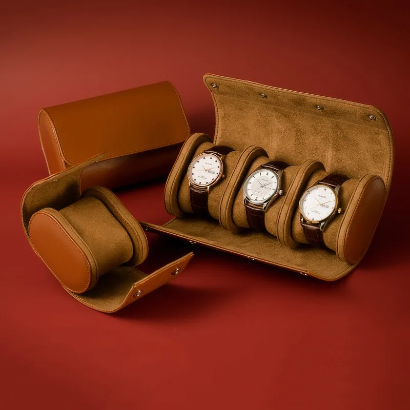 

Custom Luxury Fake PU Leather Brown Watch Roll 3Set Round Metal Watch Gift Storage Boxes & Cases