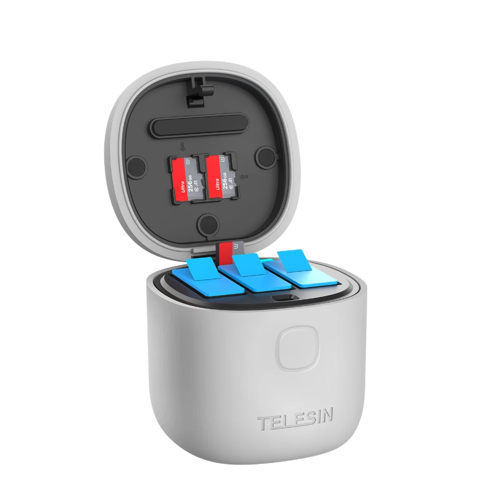 

Hot GoPros Hero10 Accessories Telesin 3 slots Allin Box GoPro Battery Charger with TF Card Reader for GoPro Hero9 and Hero10, Grey