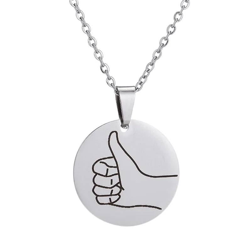 

Fashion Personality Stainless Steel Gesture Language Necklace Love You Swear Gesture Disc Pendant Necklace, Picture