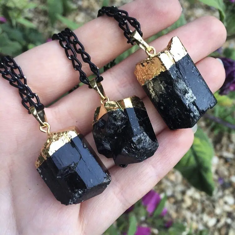 

LS-B1504 Gold Dipped Black Tourmaline Dark Crystal Point Cluster Natural Dark Crystal Cluster Natural Layering Chain Gothic