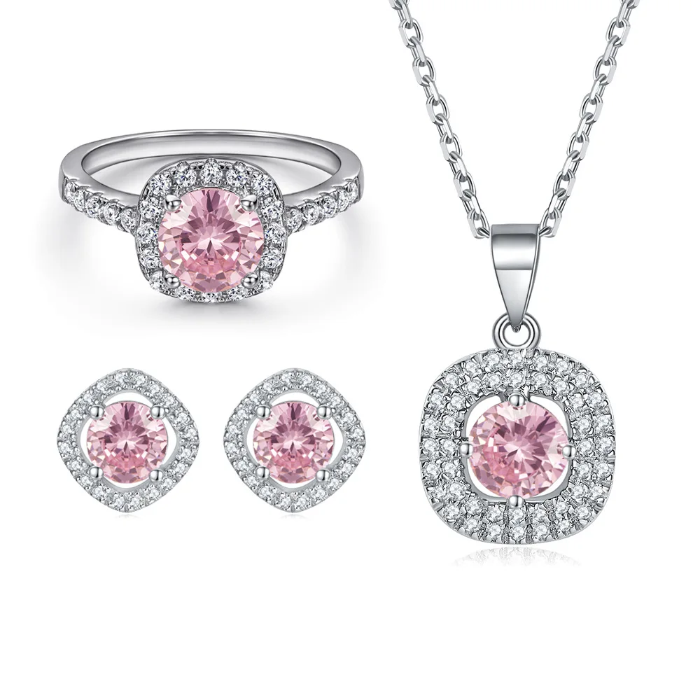 

Vana Sterling Silver 925 Jewellery Custom Pink Colored Gemstone Sparkling CZ Cubic Zircon Pendant S925 Necklace Jewelry Set